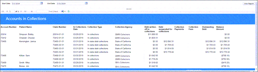 Example output of accounts in collections report.